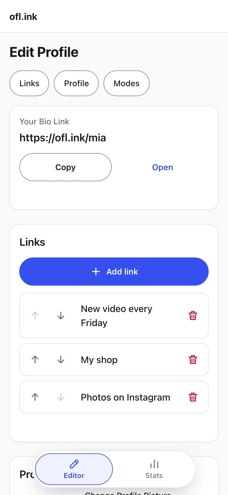 The Editor on a phone: the Bio Link with Copy, Add link and three Links.